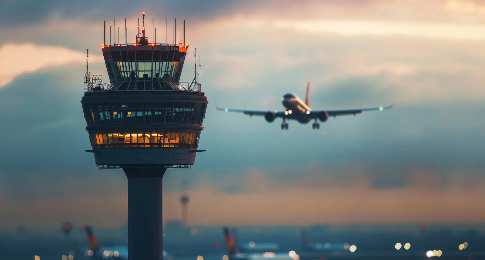 A control tower at dusk with an aircraft taking off